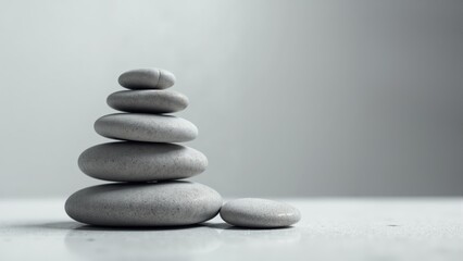 A minimalist stack of smooth gray stones creating harmony in a tranquil setting