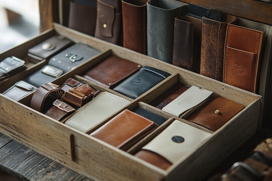 Handcrafted leather goods in wooden box against neutral backdrop.