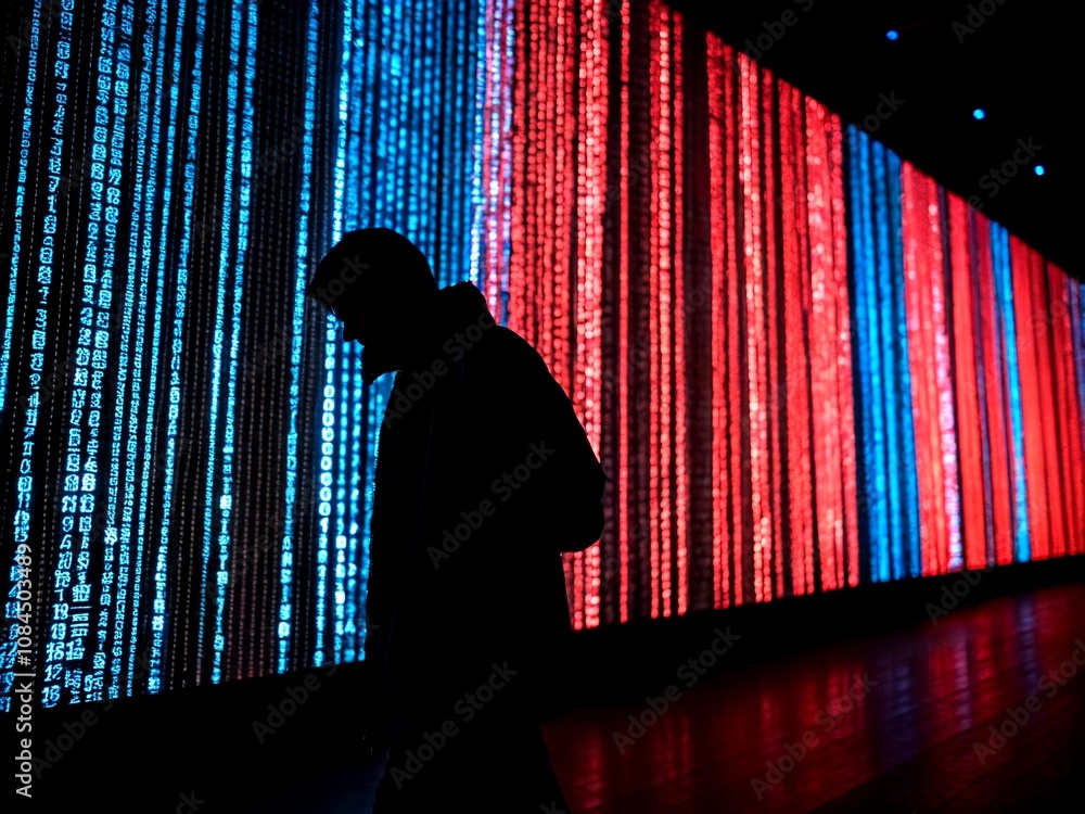 Fototapete Silhouette of a Hacker Amidst a Digital Binary Code Matrix with Red and Blue Tones Representing Dark Web Security and Cyber Technology in 3D Rendering