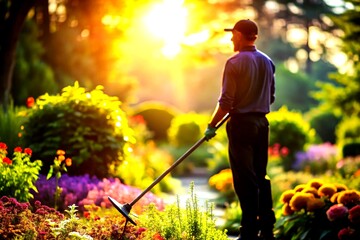 Silhouette of a Modern European Garden Dibber in Action with a Lush Garden Background, Captured in Stunning Black and White for Gardening Enthusiasts and Designers