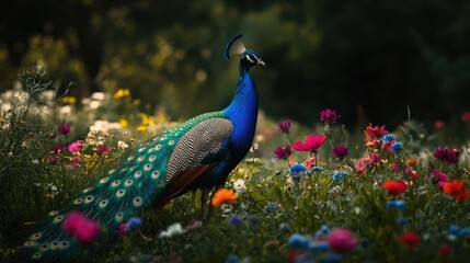 A serene composition of peacocks nestled among wildflowers, capturing the harmony between nature and wildlife.