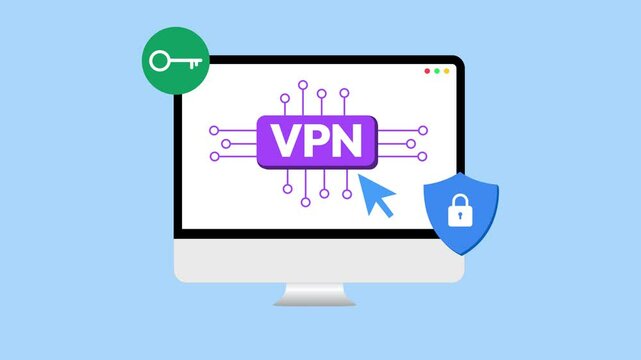 VPN Network concept 4k Animation infographic on screen with isolated light blue backdrop. Private network accessing concept design