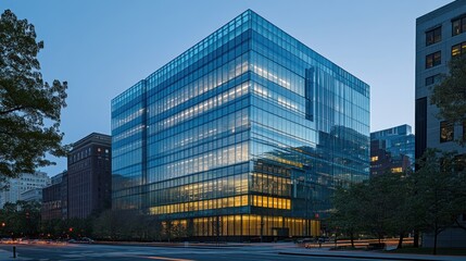 Modern glass building reflecting urban surroundings at dusk.