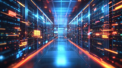 Fototapeta premium Futuristic data center corridor with glowing servers and vibrant light effects.