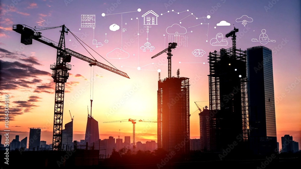 Poster silhouette of bim architecture concept with hologram 3d model buildings and related icons for constr