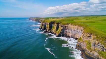 Majestic cliffs meet the vast ocean under a clear blue sky, AI