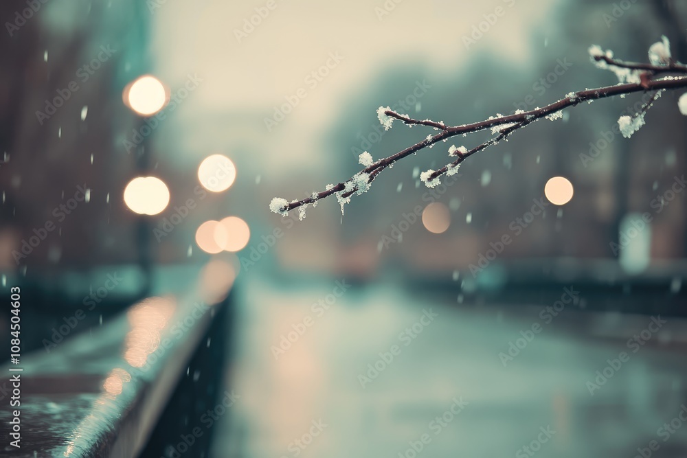 Poster as snowflakes float down from the overcast sky, a delicate branch adorned with frost leans towards a