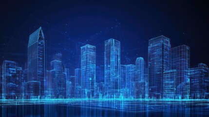 A futuristic cityscape rendered in blue, showcasing digital architecture and connectivity.