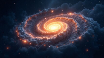 Stunning view of a spiraling galaxy with vibrant colors and glowing core amidst cosmic clouds