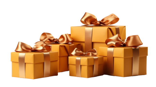 Set of orange gift boxes with ribbons in motion, ideal for cheerful and dynamic celebrations, isolated on transparent background.
