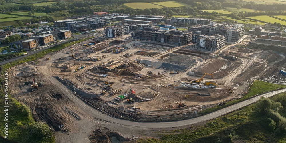 Poster aerial view of an active construction site showcasing building foundations and machinery. the image 