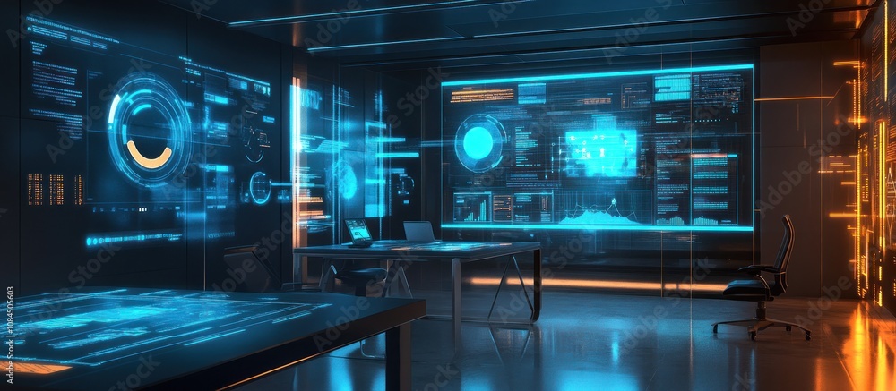 Poster futuristic workspace with digital interfaces and data visualization.