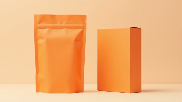 Bright and vibrant orange packaging displayed against a soft beige background in a minimal setting