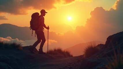 Hiker enjoying a breathtaking sunset over mountain trails during an evening adventure