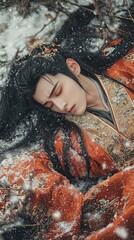 Fototapeta premium Real photo. An ancient Chinese handsome guy, lying in the snow, crawling forward, red Hanfu, golden decoration, embarrassed, injured, long black hair, generative ai