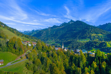 Fototapeta premium The Village of Blons in the Gross Walsertal Valley, State of Vorarlberg, Austria, Drone Photography