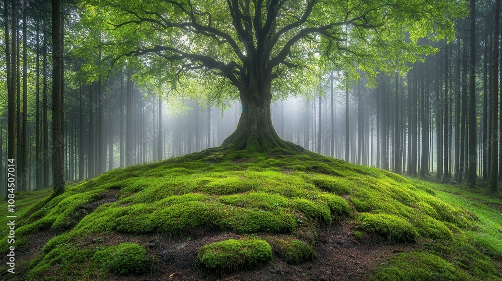 Poster a large tree stands proudly atop a moss-covered mound in a serene forest. sunlight filters through t