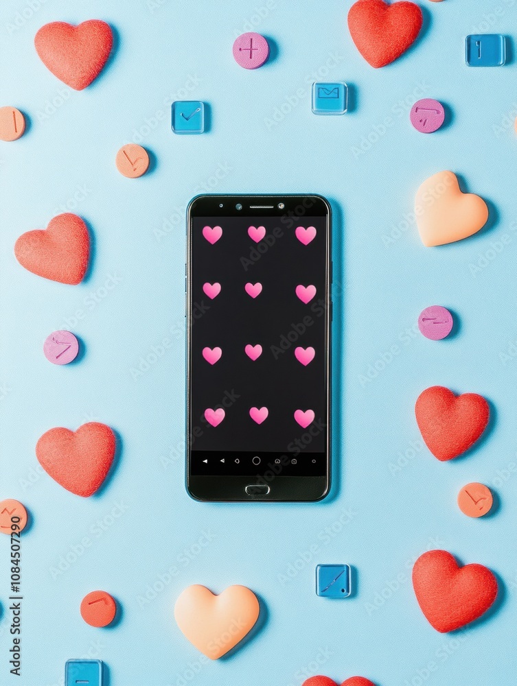 Poster a smartphone shows notifications among vibrant heart-shaped candies and colorful icons, creating a l