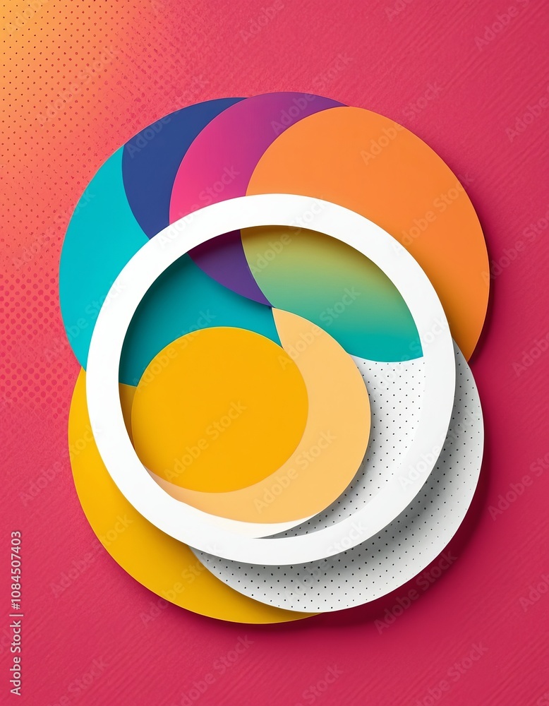 Poster colorful geometric abstract art with circular patterns on red background