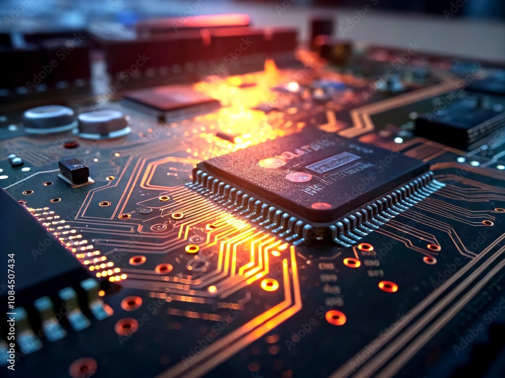 Poster stunning close-up of a glowing circuit board in abstract style captured by drone photography, showca
