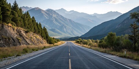 Fototapeta premium Empty asphalt road surrounded by mountains, rocky surface, emptiness, calm atmosphere
