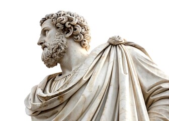 Stunning Close-up of a White Marble Statue of a Bearded Man in a Toga, Highlighting Intricate Details Against a Clean White Background for Artistic and Historical Concepts