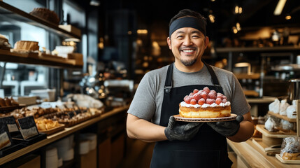Smiling baker holding a cake with berries in a bakery setting featuring shelves with various pastries and cakes on display