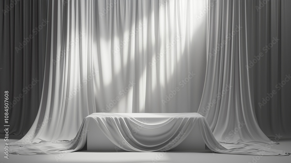 Poster a stage studio with silk draped over objects for product placement.