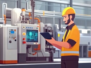 Industry engineer in factory using smart tablet device to control networking for auto industry. Smart industry 4.0 technology concept