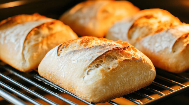 Freshly baked bread rolls cooling on a wire rack in the kitchen