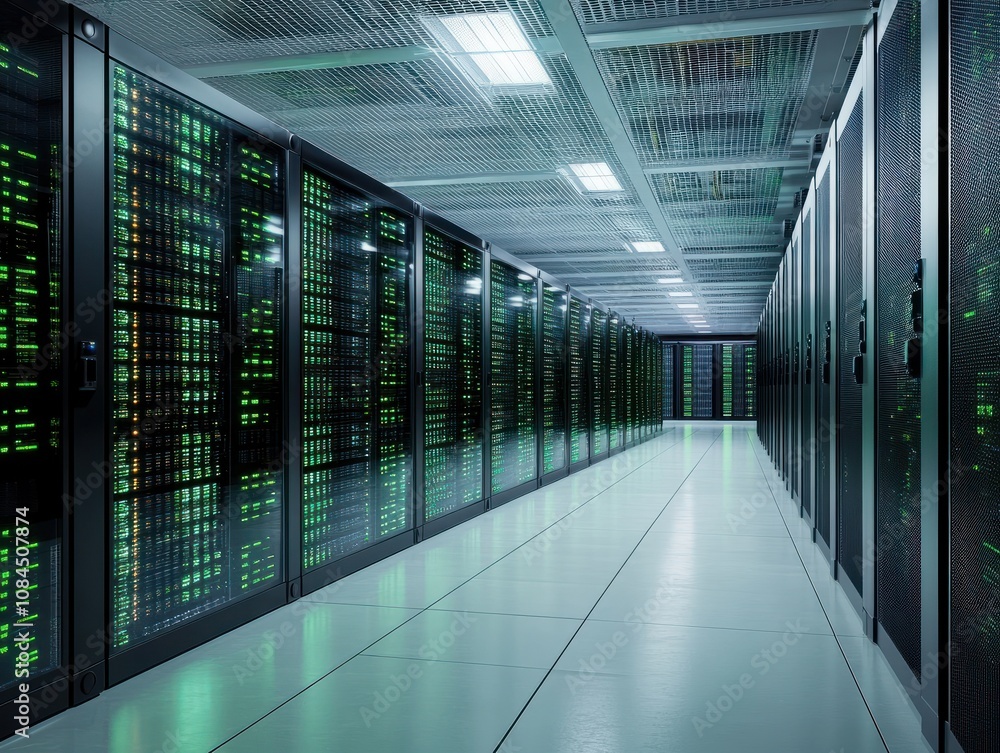 Poster internet lan cable in a modern server room for storing and transmitting information through a secure