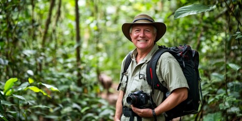 Fototapeta premium A smiling photographer stands in a vibrant green jungle. His hat and backpack reflect an adventurous spirit. The scene captures the beauty of nature and the joy of exploration. AI