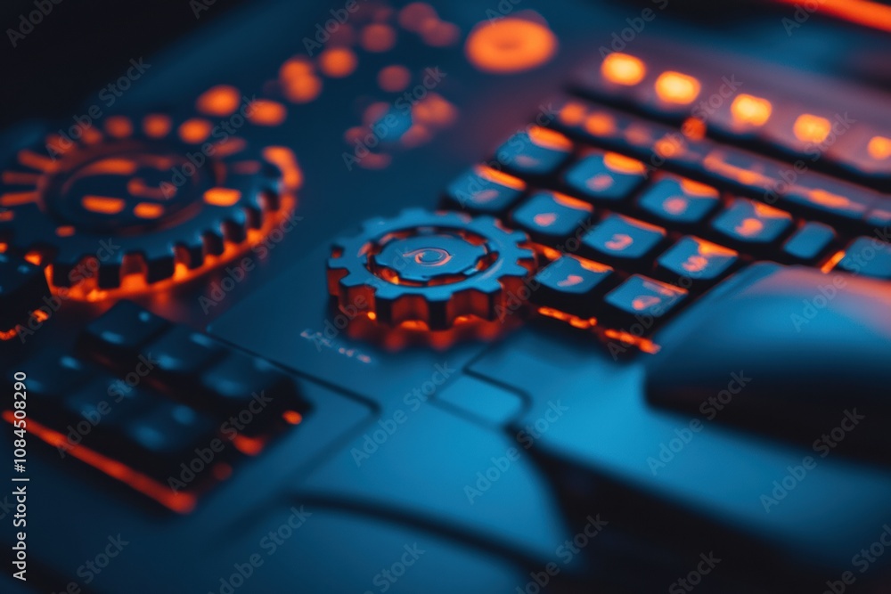 Aufkleber This setup showcases a computer keyboard equipped with a mouse and illuminated gears, emphasizing innovation in a tech environment. Generative AI