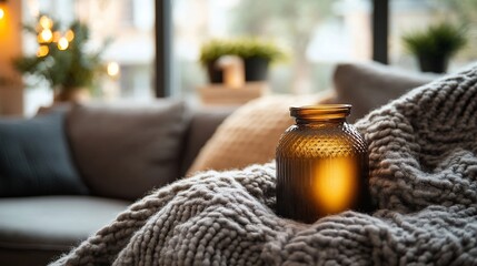 Cozy living room with lit candle on knit blanket.