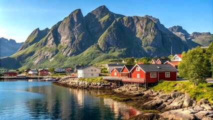 Fototapeta premium Stunning Landscape of Svolvaer in Lofoten Islands on a Sunny Day Showcasing Colorful Houses and Majestic Mountains Under Clear Blue Skies with Reflections on Calm Waters