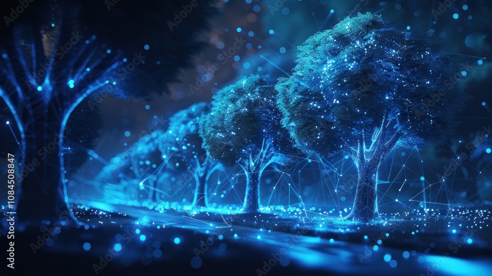 Poster a digital rendering of a forest with trees glowing blue and connected by lines of light.