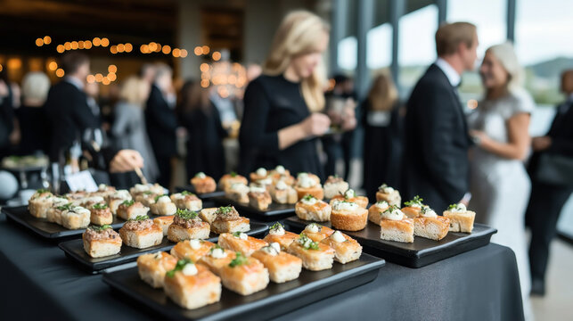 Elegant event with gourmet appetizers on display, served on black platters, with people mingling in formal attire in a well-lit venue.