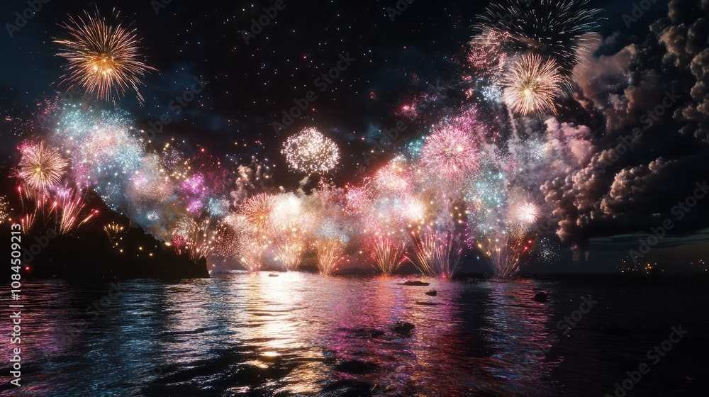 Poster multi coloured fireworks exploding over an ocean in the night sky.