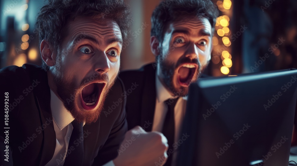 Poster new generation businessmen feeling happy in front of computer in. office. since online sales system 