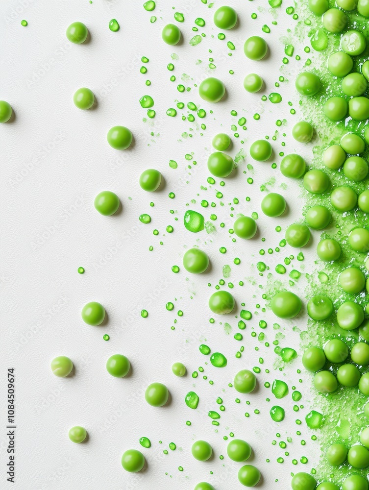 Poster bright green peas and drops of juice are playfully scattered across a white backdrop, creating a vib