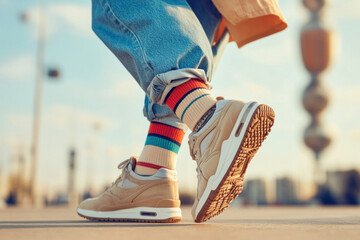 Close up of men's legs in trendy sneakers and bright socks walking down the street