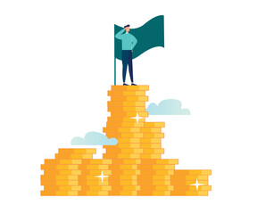 vector illustration, investment management, monetary profit, career growth to success, businessman on top of a mountain in the form of gold coins, flat colored icons, business analysis