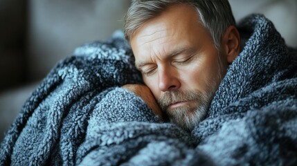 A man of middle age is curled up on a couch, eyes closed and wearing a warm, fuzzy blanket. He enjoys a restful moment during a calm day at home, creating a serene atmosphere