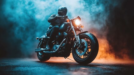 Under the night sky, a biker expertly maneuvers a sleek motorcycle through billowing smoke. The vibrant lights and urban backdrop enhance the atmosphere of freedom and adventure