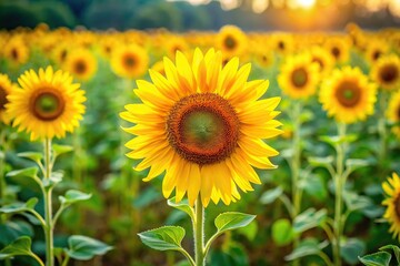 Obraz premium Colorful sunflowers standing tall amidst a sea of greenery with bright yellow petals, flowerfield, tall