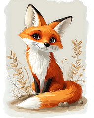 A cheerful cartoon fox sits among dry grass with a bright smile, showcasing vibrant orange fur and expressive eyes during a sunny day