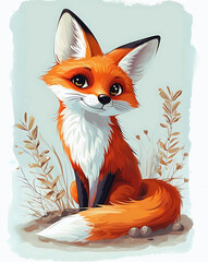A cute cartoon fox sits among dry grass with a bright smile. A cute cartoon fox is sitting among the dry grass with a bright smile. The background of the illustration is soft blue