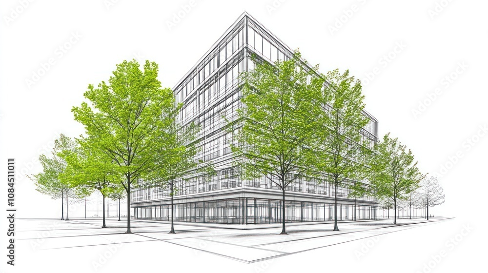 Poster a modern architectural design featuring a building surrounded by trees.