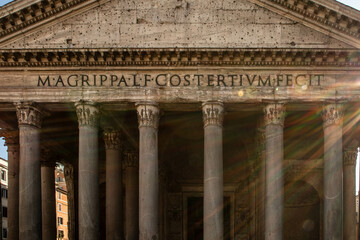 Rome, Italy: Pantheon from the outside, rays of sun coming from the right