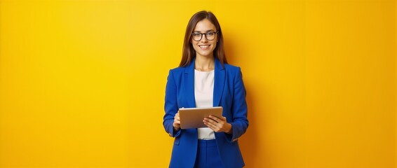 A confident businesswoman in a blue suit uses a tablet while standing against a vibrant yellow background. Her expression is focused and professional, embodying concepts of technology and success.

